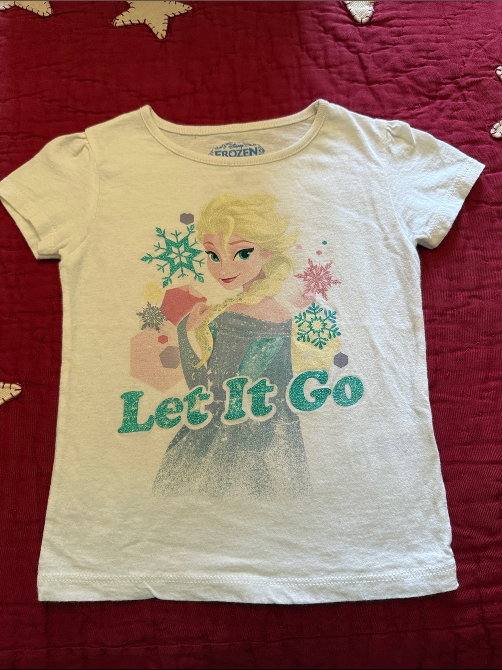 Disney white tee with Elsa "Let It Go" teal glitter graphic